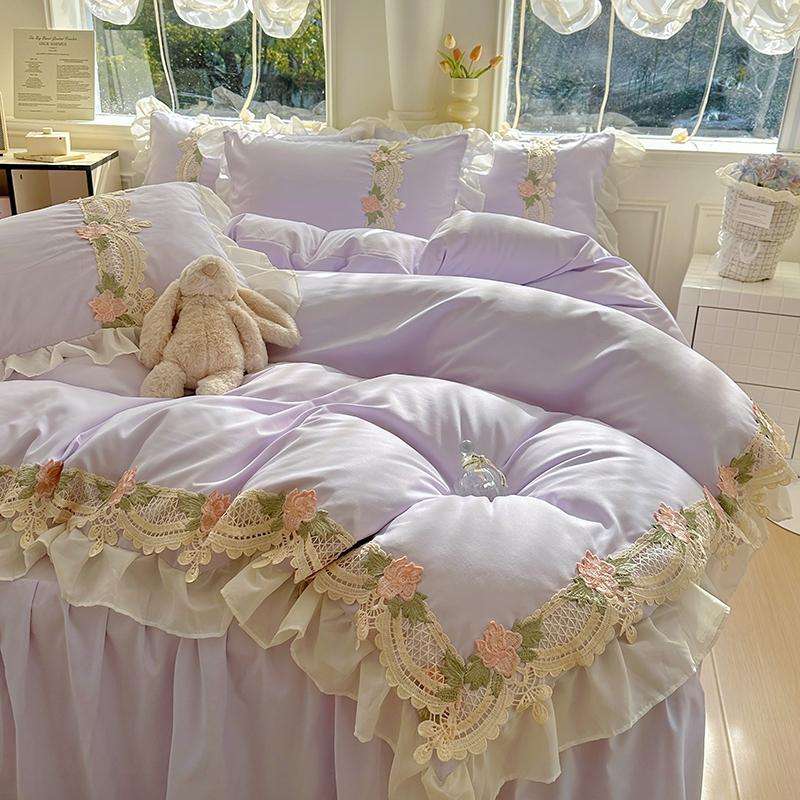 

New INS Princess Style Bedding Sets Ruffle Lace Bow Quilt Cover Romantic Bedclothes Woman Girls Bedroom Duvet Cover 4pcs for 1.5m bed 4pcs