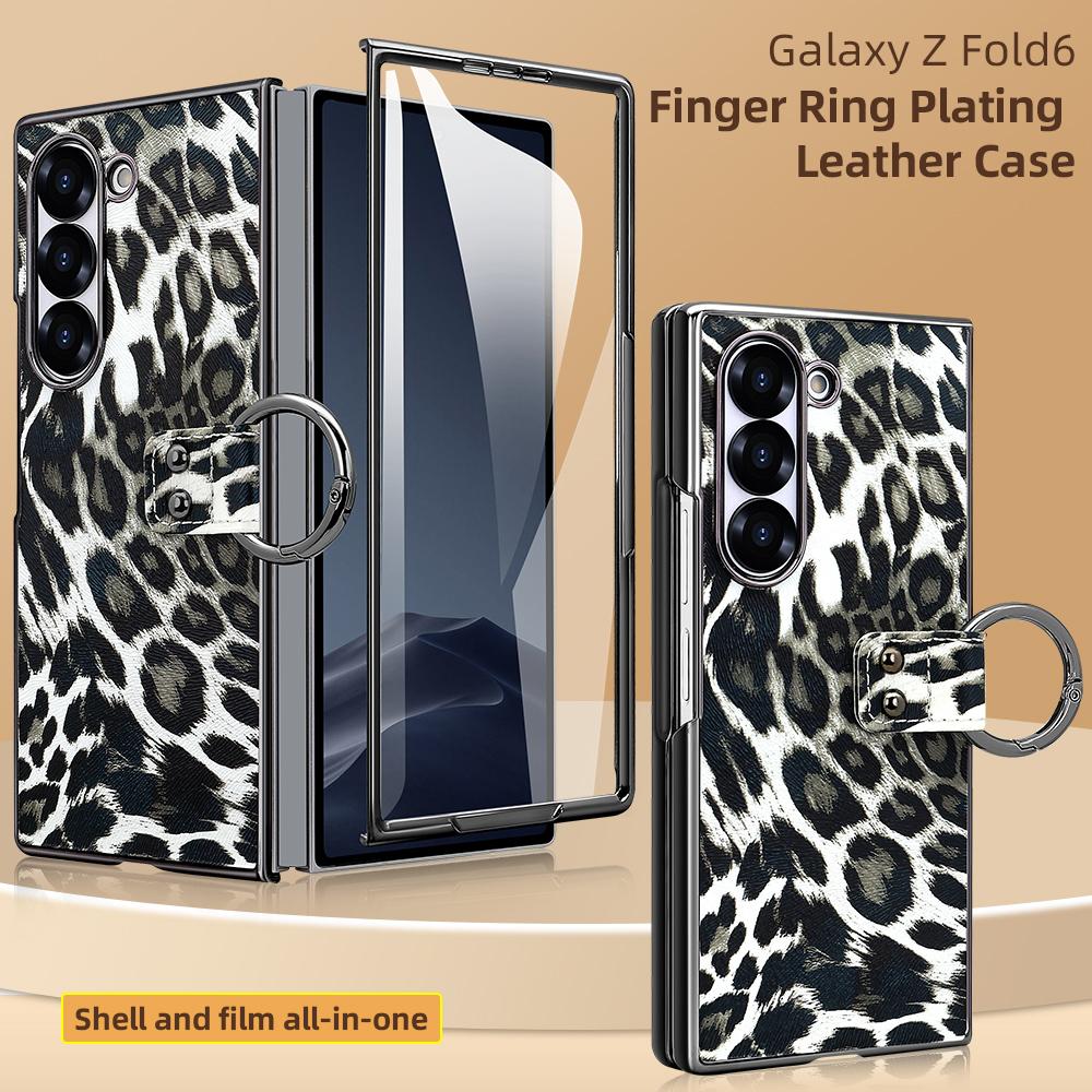 For Samsung Galaxy Z Fold6 5G Case Leopard Pattern PU PC Phone Cover with Tempered Glass Film/Ring Holder