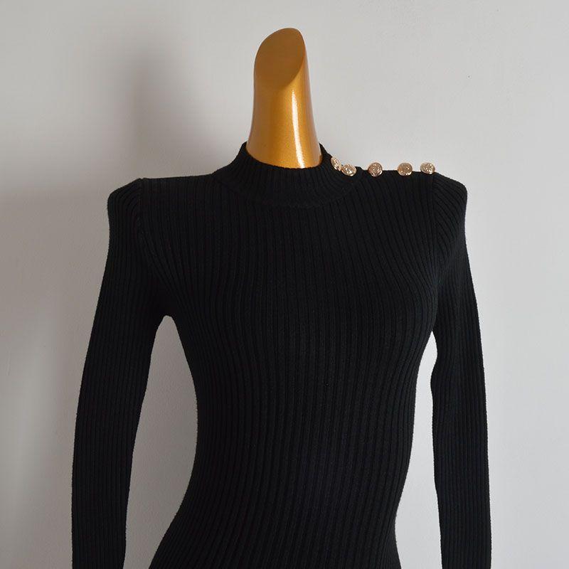 New Arrival Minimalist Stand Collar Shoulder Strap Metal Buckle Long Sleeves Knitting Dress Women's Clothing Spring and Autumn Slim Fit Bodycon Dress