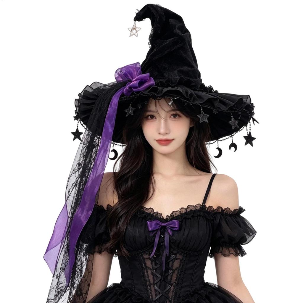 1PC Witches Hat Wide Brim Gothic Bow Halloween Cosplay Costume Funny Carnival Witch Headwear For Role Play Stage Fancy Ball