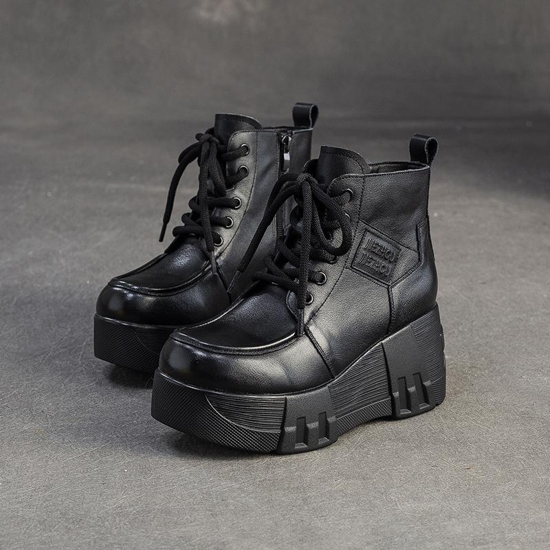 Johnature Retro Thick Sole Wedges Short Boots Genuine Leather Women's Height-increasing Shoes