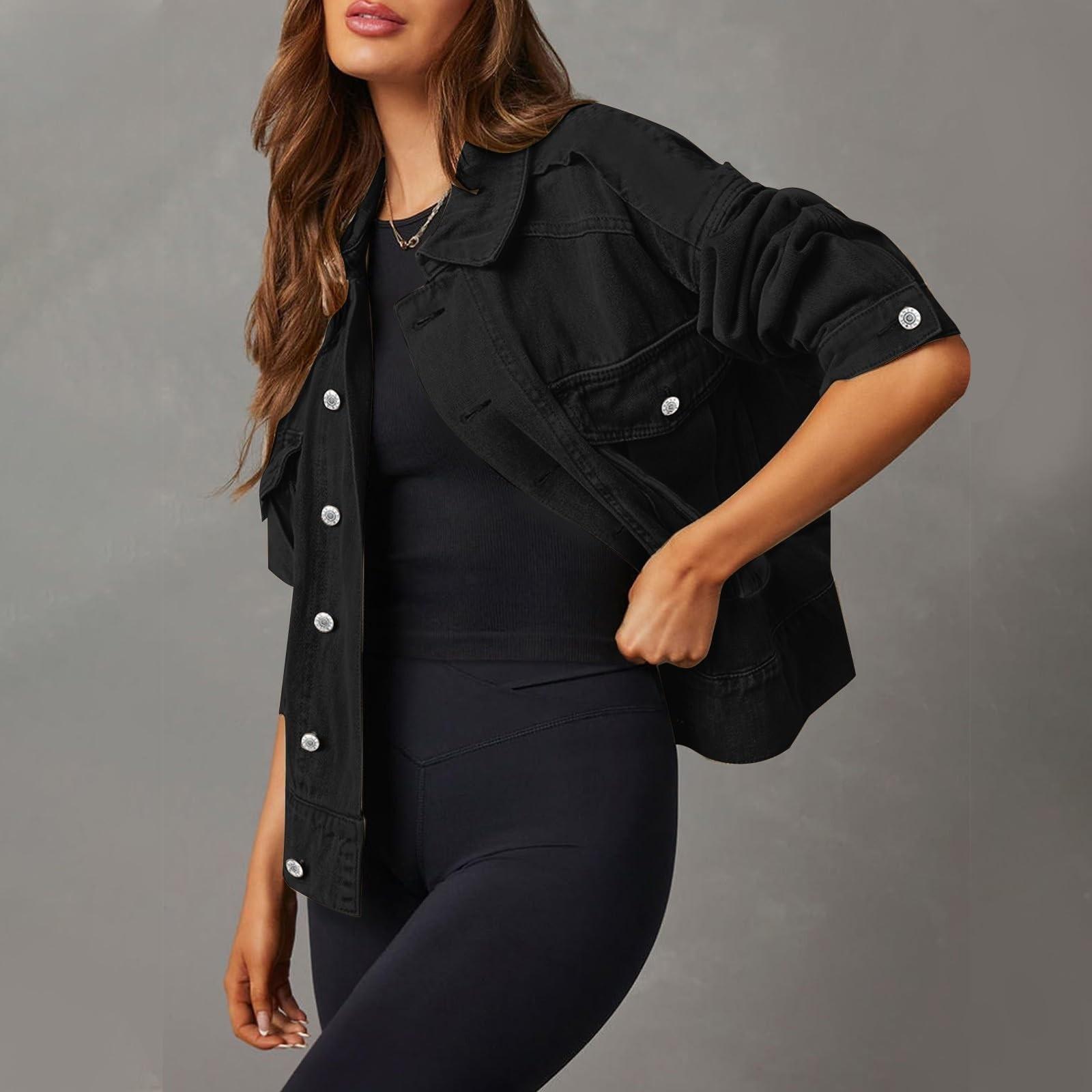 

Женская эластичная джинсовая куртка с длинным рукавом, джинсовая куртка Trucker Jacket с карманом XXL чёрный