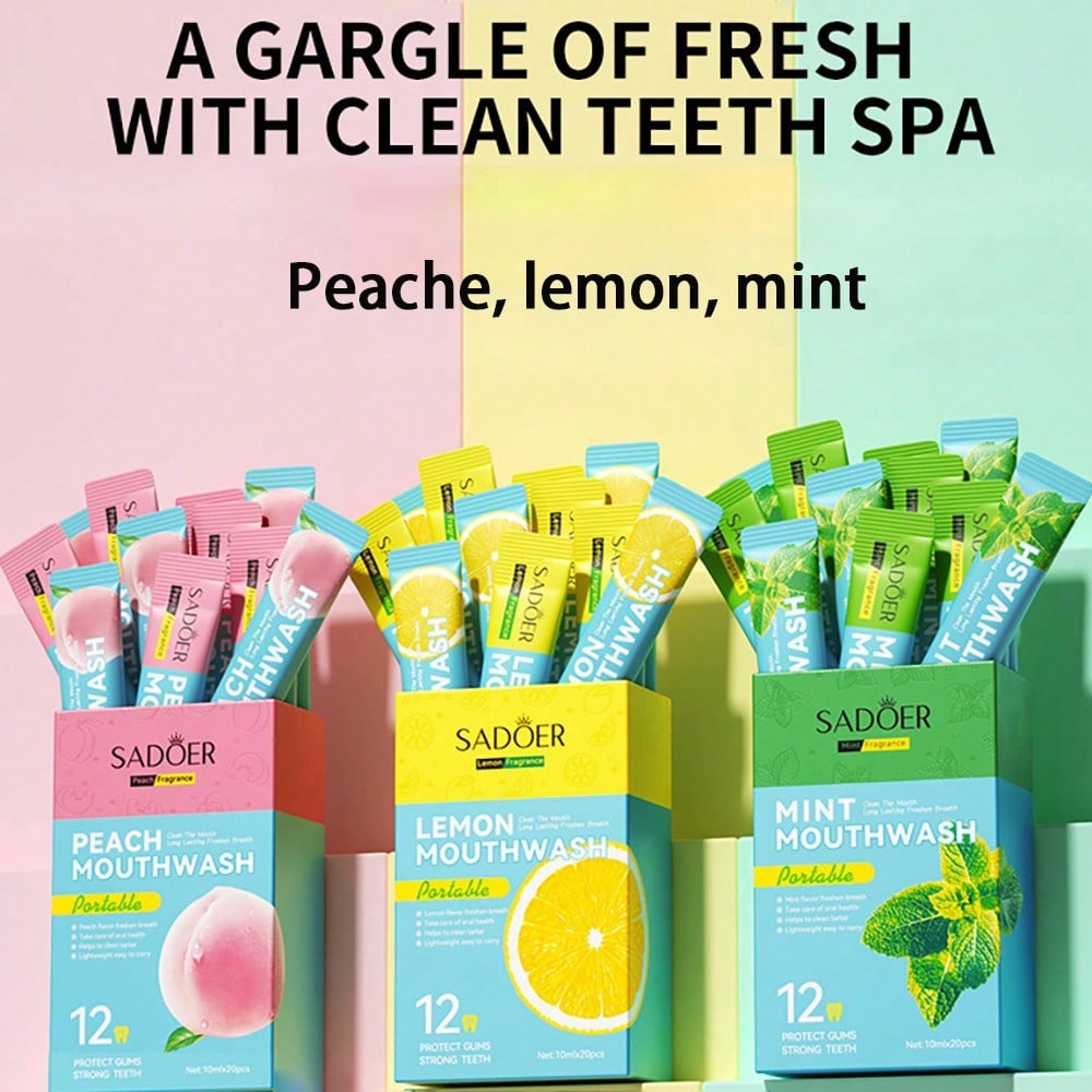 20pcs Fruit Flavored Mouthwash, Includes Peach, Mint, Lemon, Grape, Coconut And Coffee Flavors, Fres