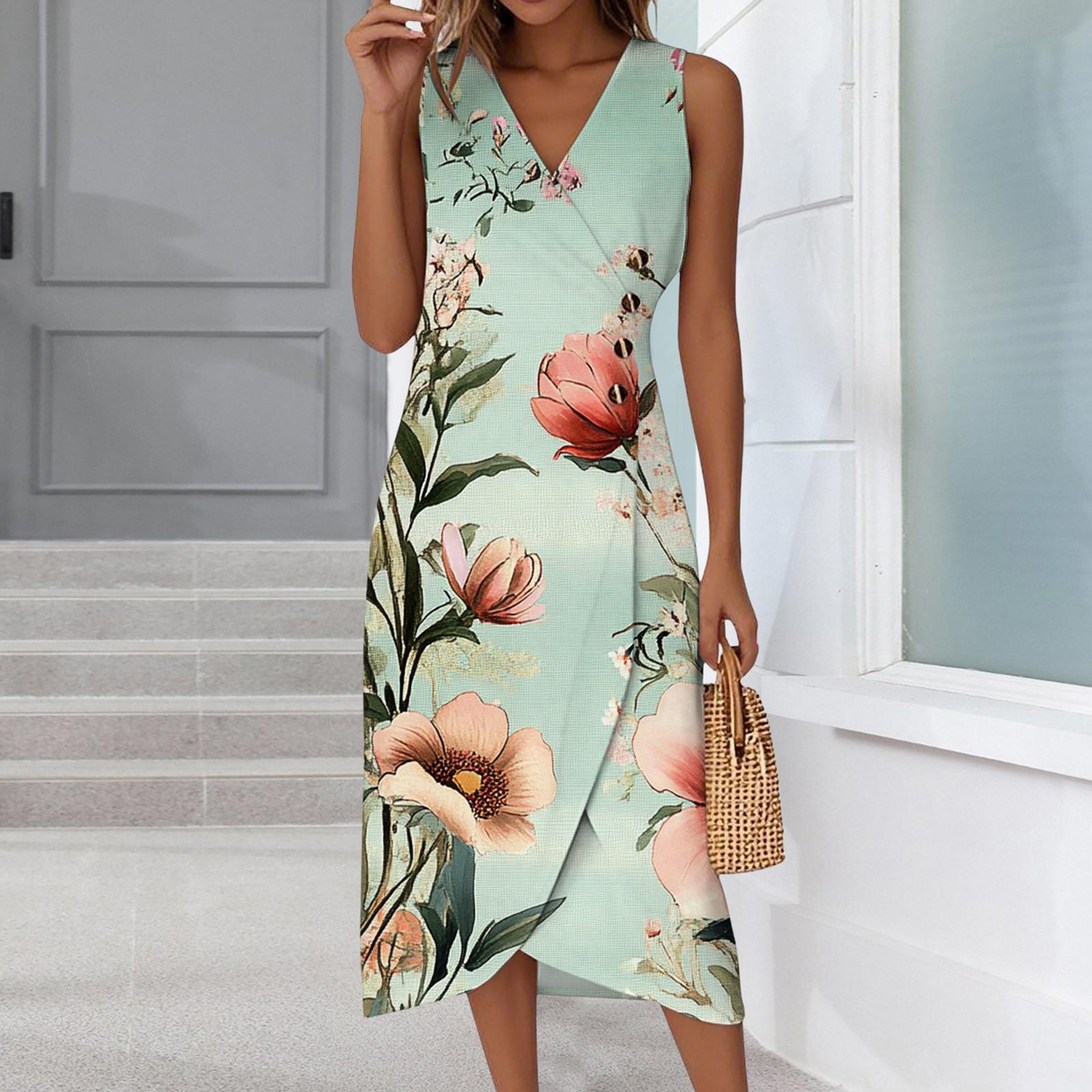 

Women s Casual V-Neck Spring/Summer Sleeveless Button Retro Print Dress M