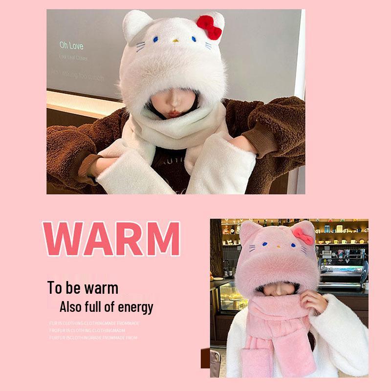 KT Cat Ears Plush Three-in-One Winter Set: Warm Hooded Scarf, Hat, and Gloves