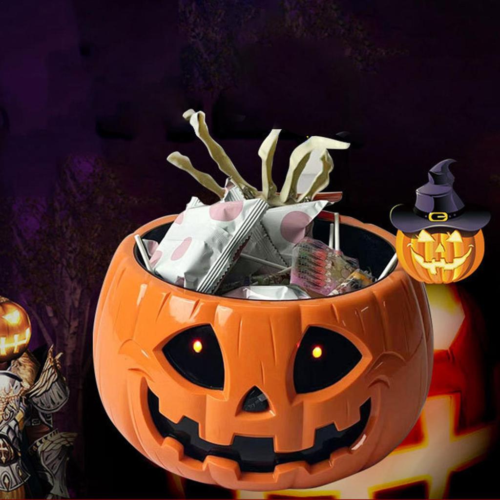Halloween Bowl Pumpkin Candy Dish Sugar Container With Moving Skeleton Hand For Gathering Porch Classroom Birthday Halloween