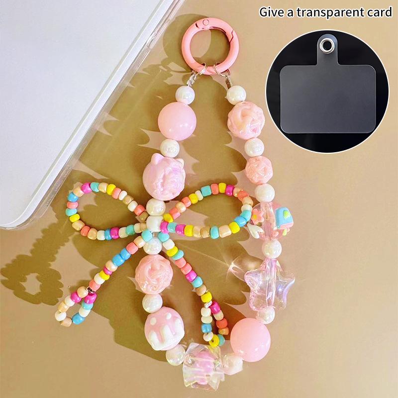 

Цветной бант с бусинами, брелок для ключей, милый кулон для телефона с картой, ремешок на запястье, чехол для наушников, декоративная сумка-шнурок розовый