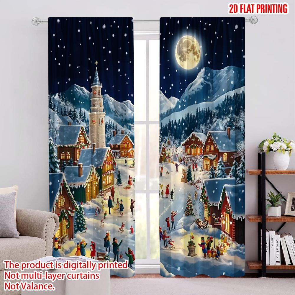 

Flat Printing Merry Christmas Curtain Cartoon Villages Cedar Trees Polyester Without Electricity Birthday Party Set Of 2 Made Washable W100*H70(CM)-Hooks&1PCS