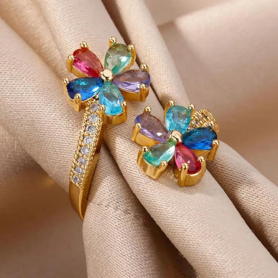 Bunter Zirkon Doppelblumen Offener Ring Charmant Glänzend Flora Gold/Kupfer Farbe Ring Schmuck für den täglichen Gebrauch für Frauen