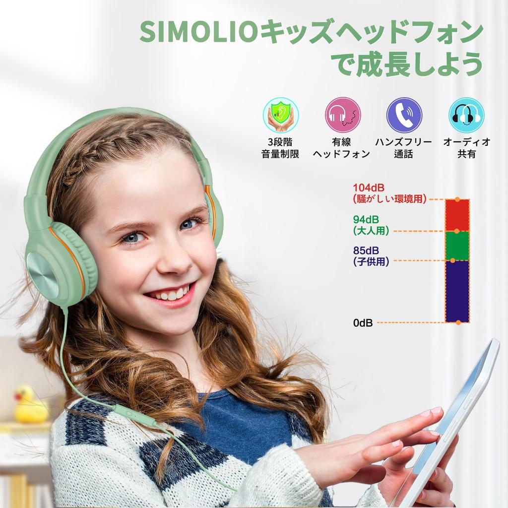 SIMOLIO Wired Headphones with Mic 85dB 94dB 104dB Volume Limit Foldable Light Headset with Share Port Adjustable Headband with Jack for Computer