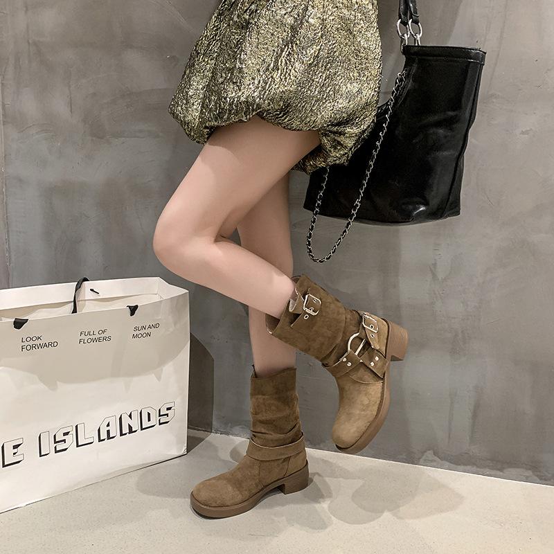 Fashion Western Cowboy Boots Women's 2025 New Autumn Internet Celebrity Explosion Thick Heel Short Boots Slim Pile Martin Boots