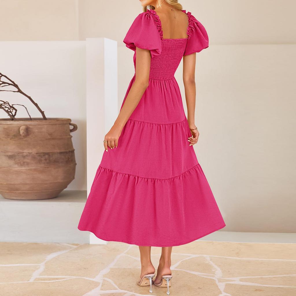 Women's Fashion Bohemian Wrap Short Bubble Sleeve A-Line Beach Long Dresses
