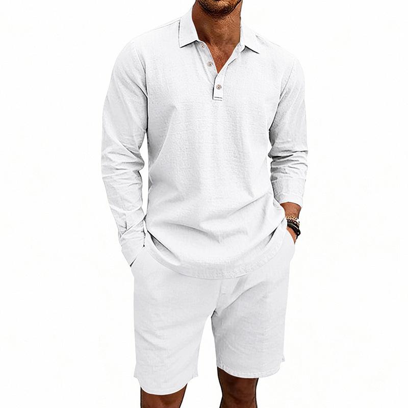 Men's Linen Summer Casual Long-Sleeve Polo Shirt and Shorts Set