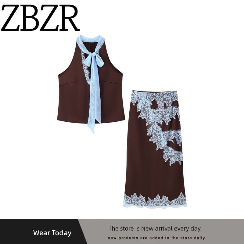 Za Export New Arrival Women's Clothing ZR Fashion Style French Fashion All-Match Lace Stitching Coat Lace Mid-Length Dress Set