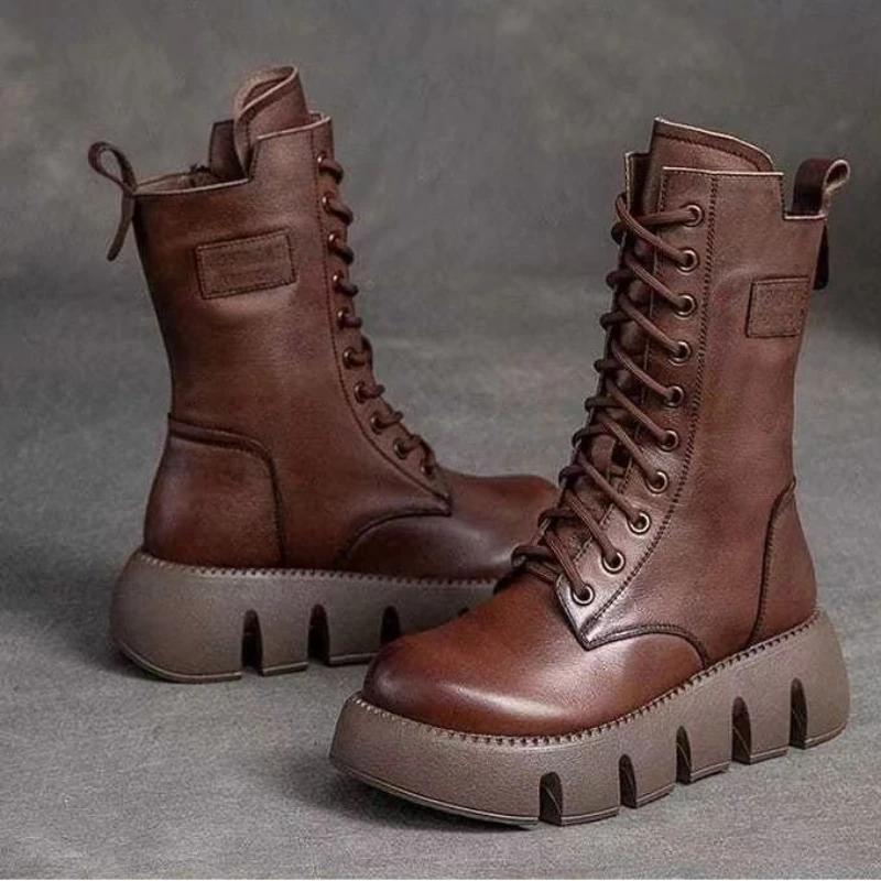 Fashion Chunky Platform Punk Boots for Women Thick Bottom Knee High Boots Woman Autumn Winter Fashion PU Leather Motorcycle Botas Mujer