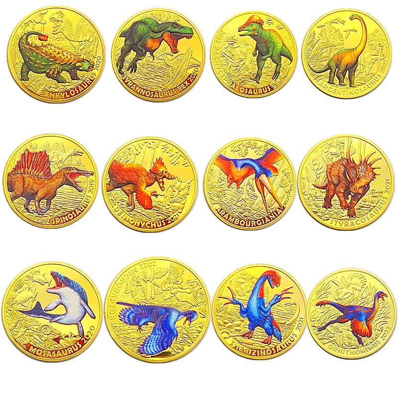 Dinosaur Animal Tyrannosaurus Rex Gold Plated Color Printing Commemorative Medal Creative Craft Gold Coin Velociraptor Children's Gift Coin