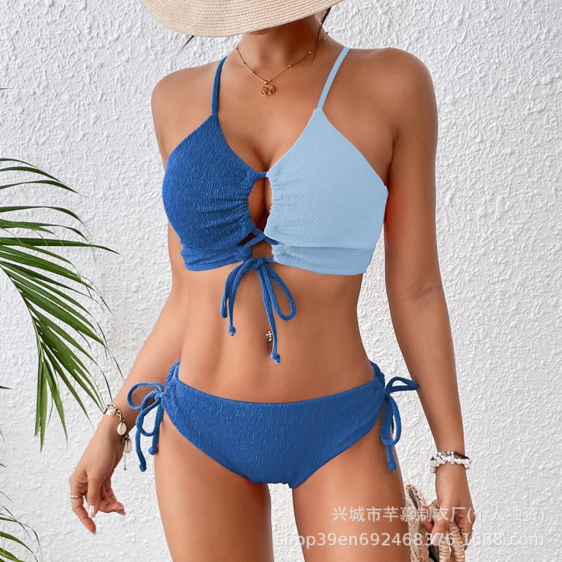 

Split Swimsuit Women s Contrasting Color Sexy Cross-band Hollow Bikini L