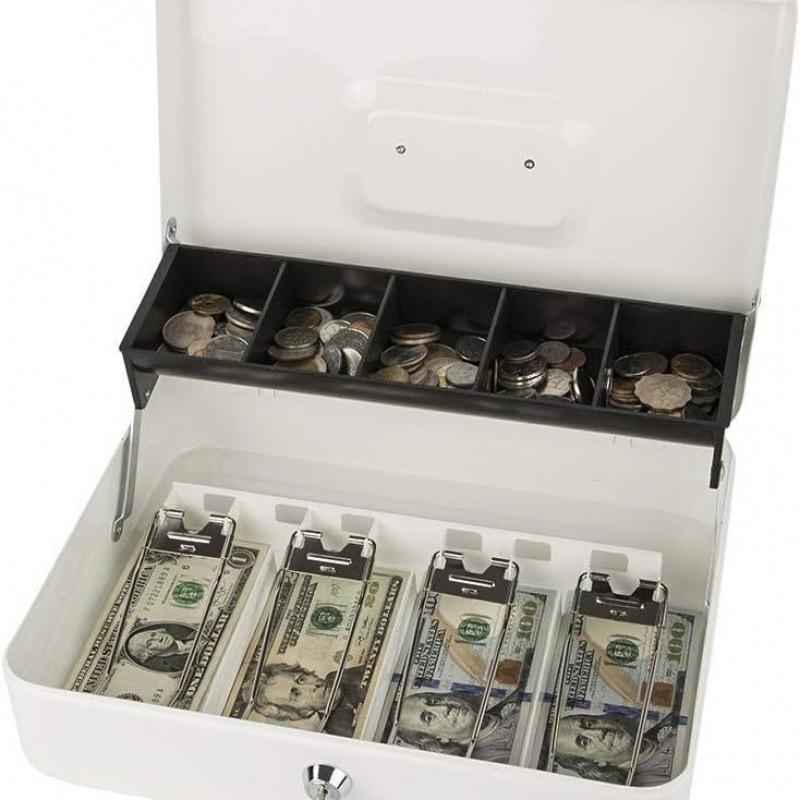 Child's Key-Operated Metal Money Box Safe with Bill Clip and Storage 