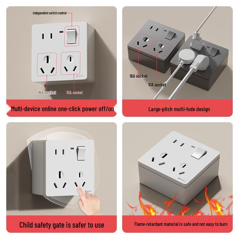 Surface Mount 86 Type 16A Single Gang 8-Hole Kitchen AC Wall Socket Panel with Switch