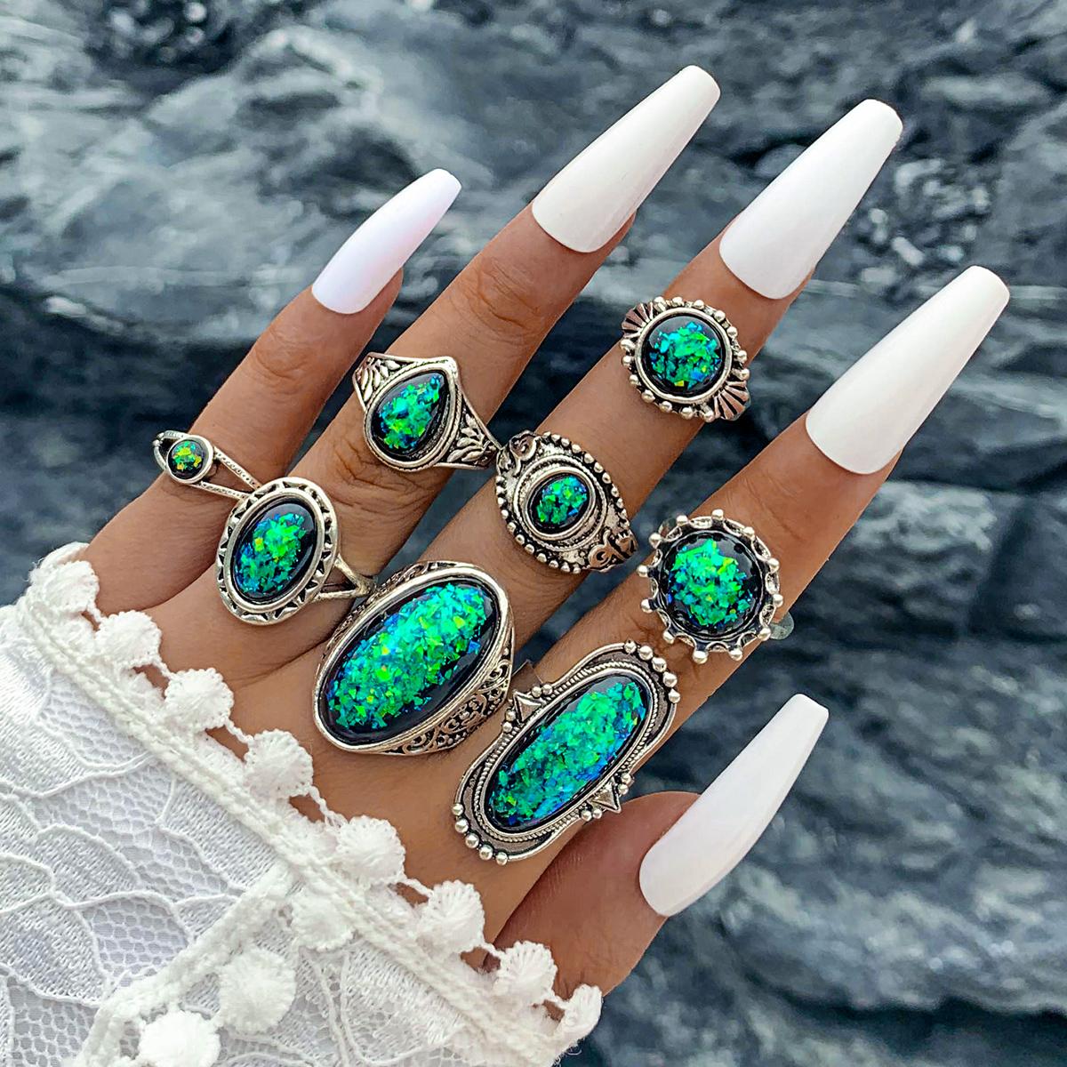 

8 шт. Винтажный этнический стиль Имитация опала кольца комплект ювелирных изделий для женщин и девочек антикварные серебристые модные индивидуальные кольца на палец бижутерия