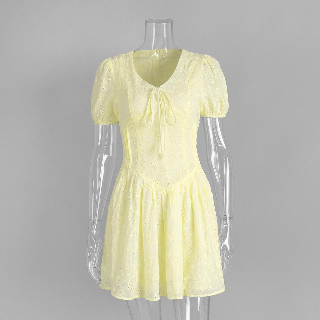 100% Cotton Yellow Dress, New Summer Style, Waist-Cinching, Strapless, Sexy Embroidered Short Dress