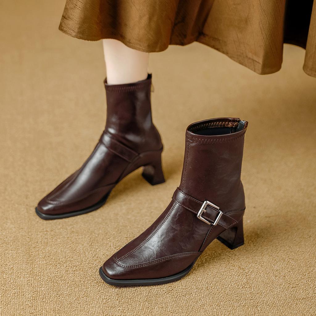 Retro Thin Boots Women's 2025 Autumn New Models Are Huge and Good-looking French Short Boots Are Not Tired of Thick Heels Square Head Versatile Bar