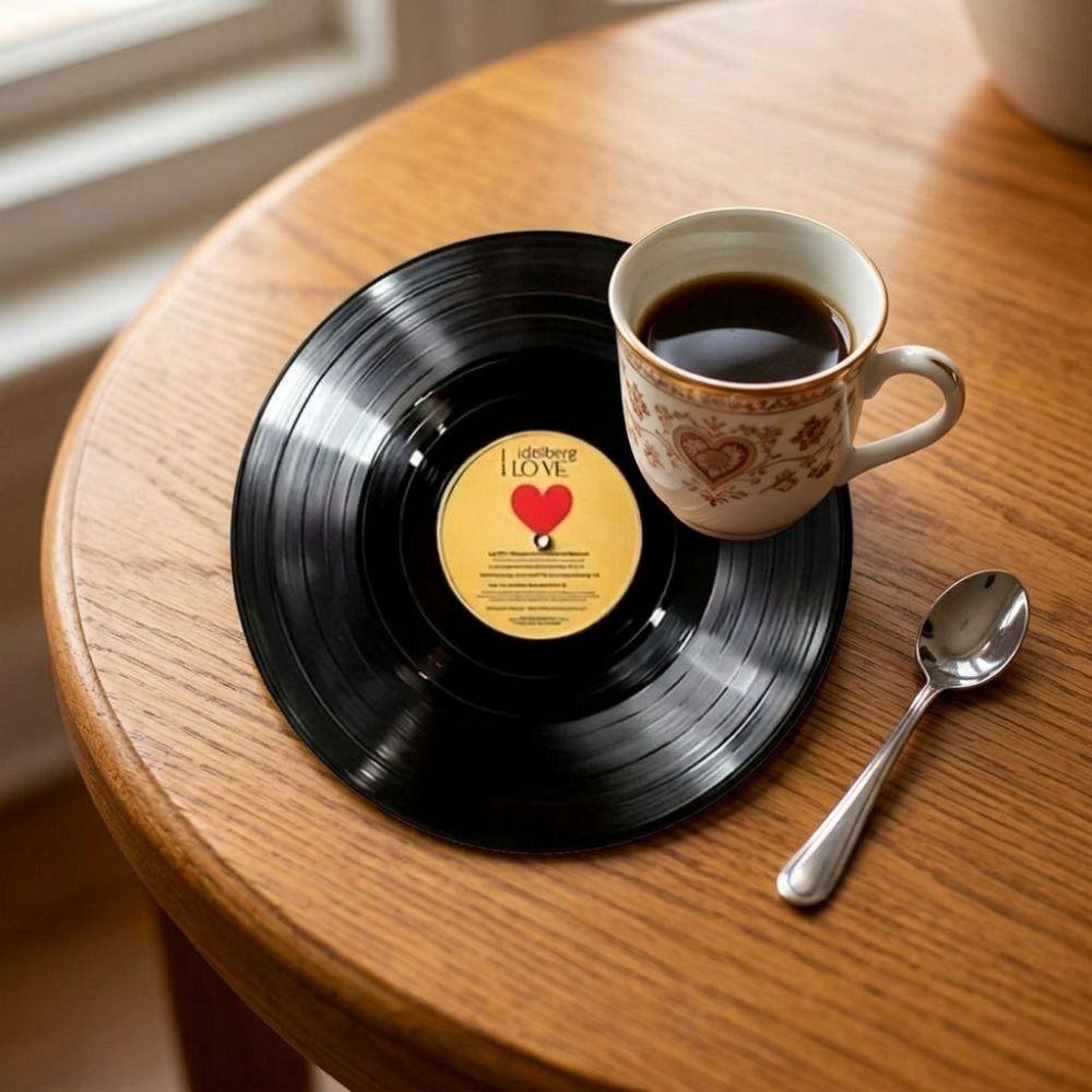 6Pcs 2D Printed Vinyl Record Coasters Anti-slip Retro Record Design Wooden Coasters Heat Insulation Cup Mats Photography Props