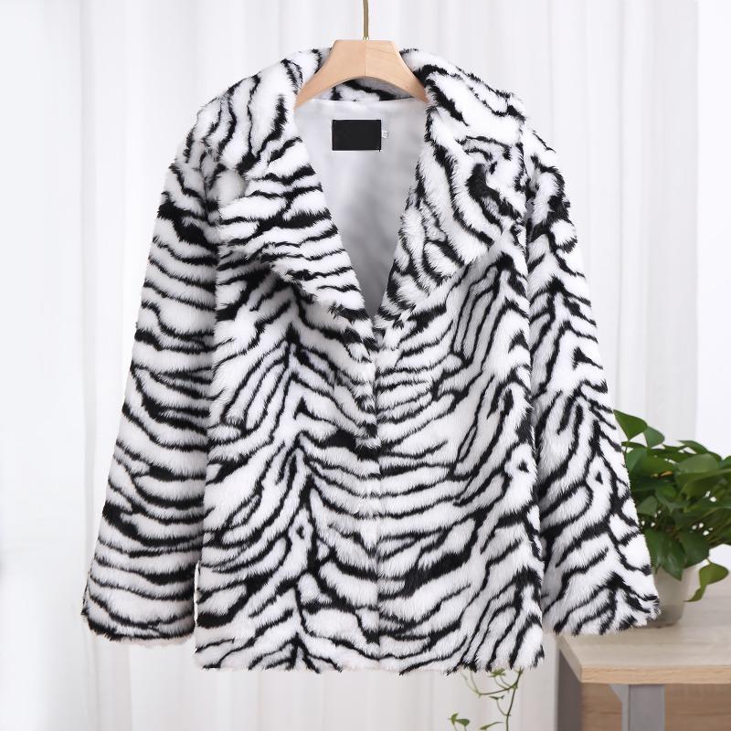 

Unisex Tiger Print Faux Fur Coat Lapel Mid-Length Warm Winter Streetwear Jacket S білий