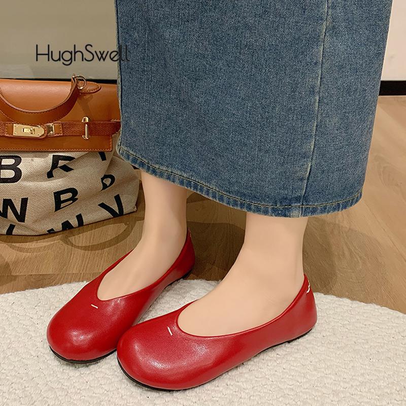 Fashion Red Round Toe Leather Ballet Shoes Woman Brand Design Soft Shallow Loafers Ladies Retro Slip-on Flat Zapatos with Stitch Details