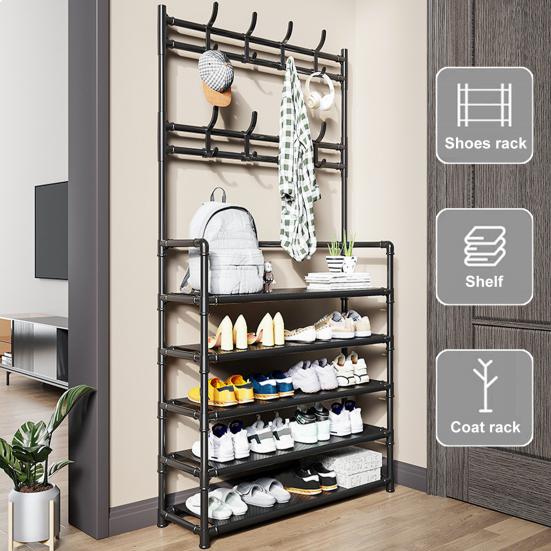Free Standing Large Capacity Shoes Rack Multiple Hooks Strong Load-bearing 5 Tiers Hat Coat Shoes Storage Stand