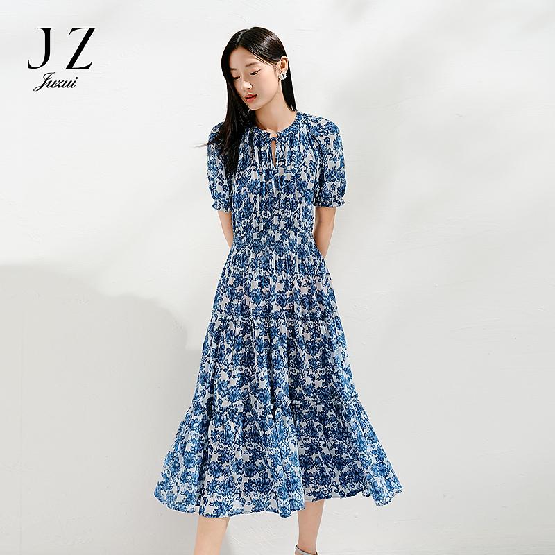 Jiuzi Anna Kou Romantic Holiday Ethnic Style Printed Folded Waist Dress for Women 2025 Summer New Style