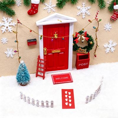 11Pcs Doll Houses Miniature Christmas Decor Set Plastic Tree Lights Wreath Mailbox Fairy Doors DIY Scene Kit Red Themed Accessories for 1:12 Models