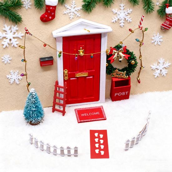 11Pcs Doll Houses Miniature Christmas Decor Set Plastic Tree Lights Wreath Mailbox Fairy Doors DIY Scene Kit Red Themed Accessories