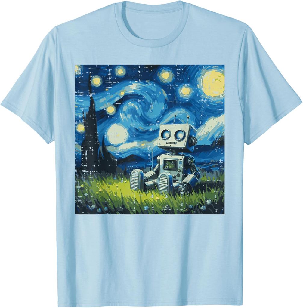 Starry Night Robot Graphic Tee Cotton Round Neck Casual TShirt Art Painting Print Tops for Men Women