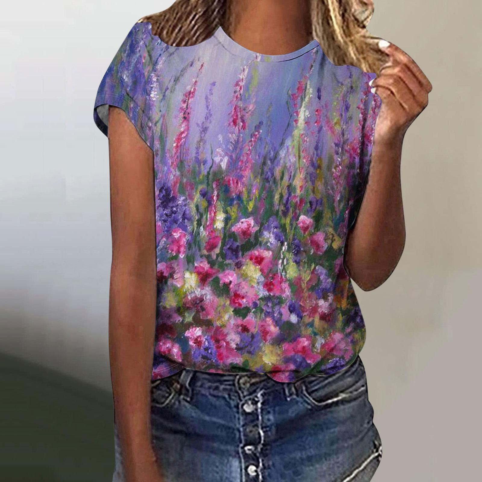 

New Women s T-shirt Oil Painting Flower 3D Digital Printing Women s T-shirt 6XL