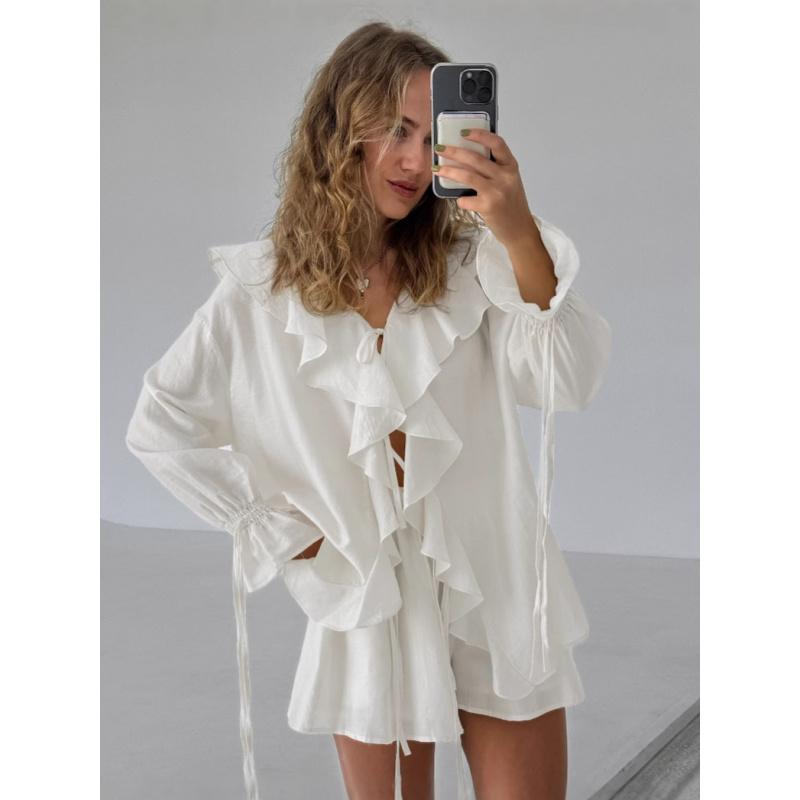Fashionable Ruffle Casual Suit Spring  Loose-Fitting Top And Shorts Two-Piece Set For Women