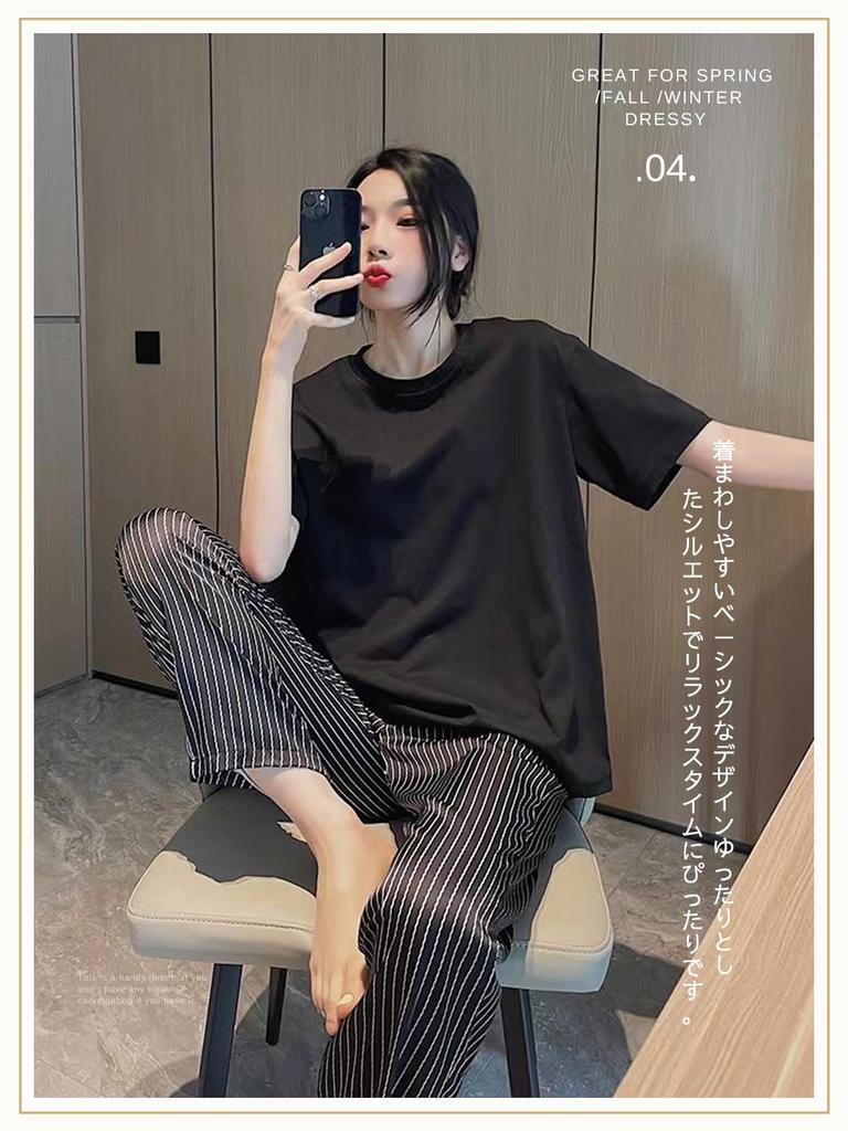 MilaCorinna Checkered Striped Pajamas with Chest Cool and Short Sleeve Top and Long Pants Plus Sizes Cute for Spring and Summer Women's Pads,