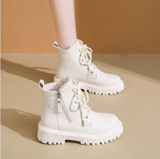 Women Genuine Leather Ankle Boots Zipper Short Plush Brown Women's Ankle Boots Platform Thick Heel Motorcycle Boots Women Shoes