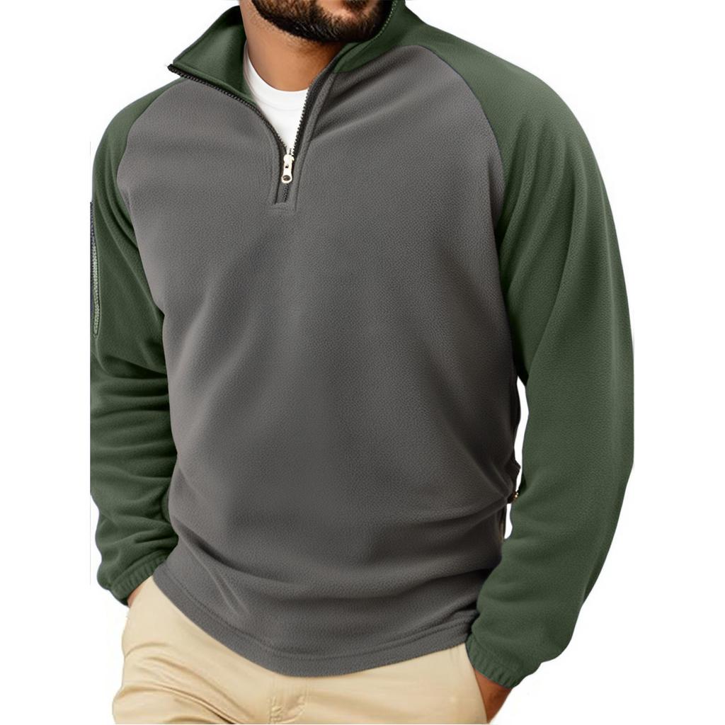 Men's Outdoor Casual Sports Fleece-Lined Warm Stand-Up Collar Pullover Color-Blocked Zipper Hoodie