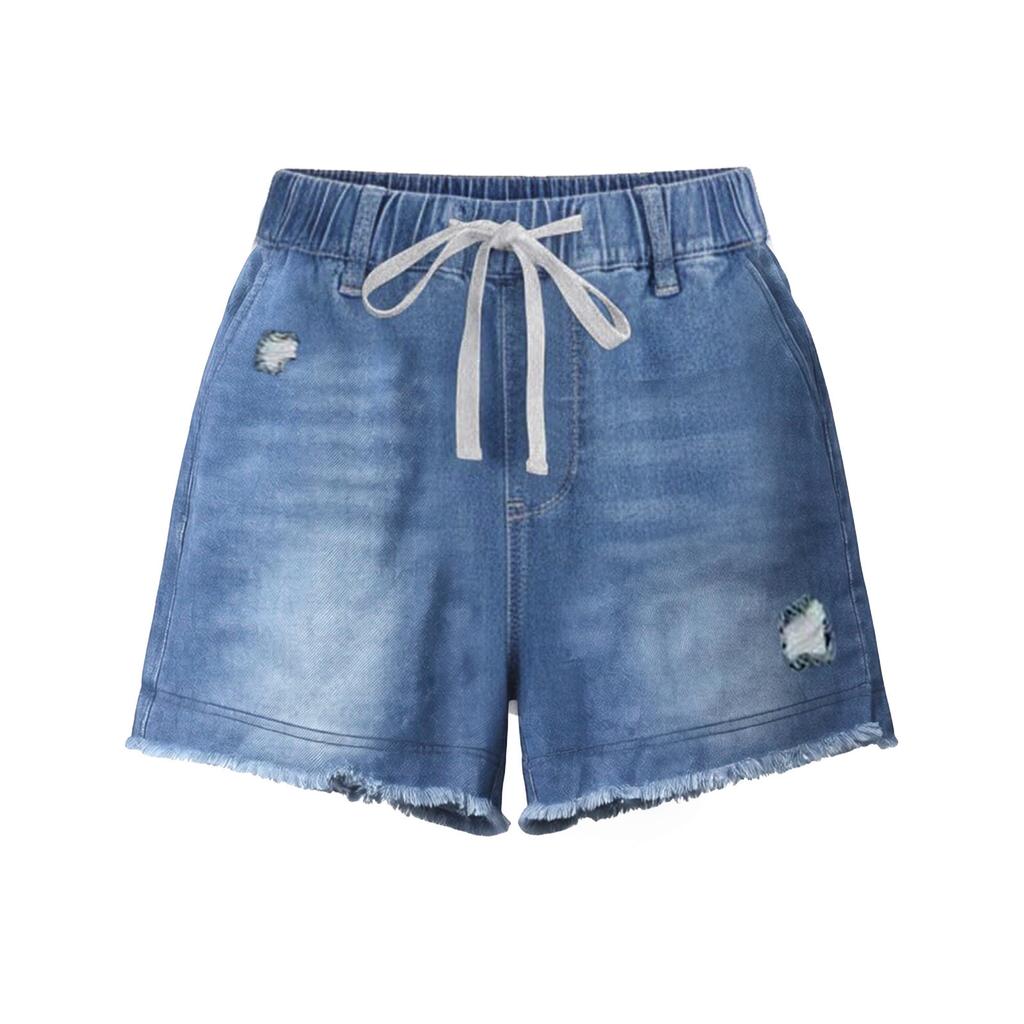 Pantaloncini di Jeans Casual da Donna con Coulisse in Vita Elastico Bordo Sfilacciato Usurato e Tasche per l'Uso Quotidiano