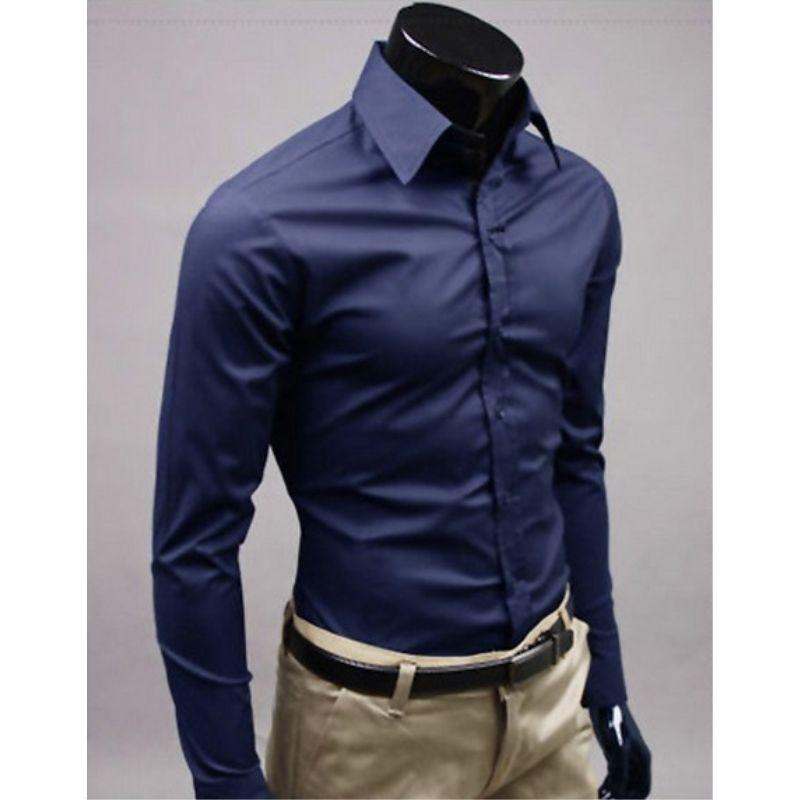 New Spring and Autumn Fashion Leisure Business Simple Polo Collar Long Sleeve Solid Color Slim Fit Men's Inch Shirt
