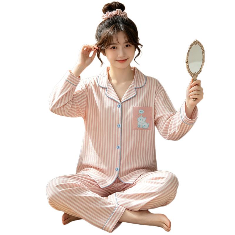 High-value imitation cotton long-sleeved pajamas women's spring and autumn new casual loose striped cardigan loungewear set