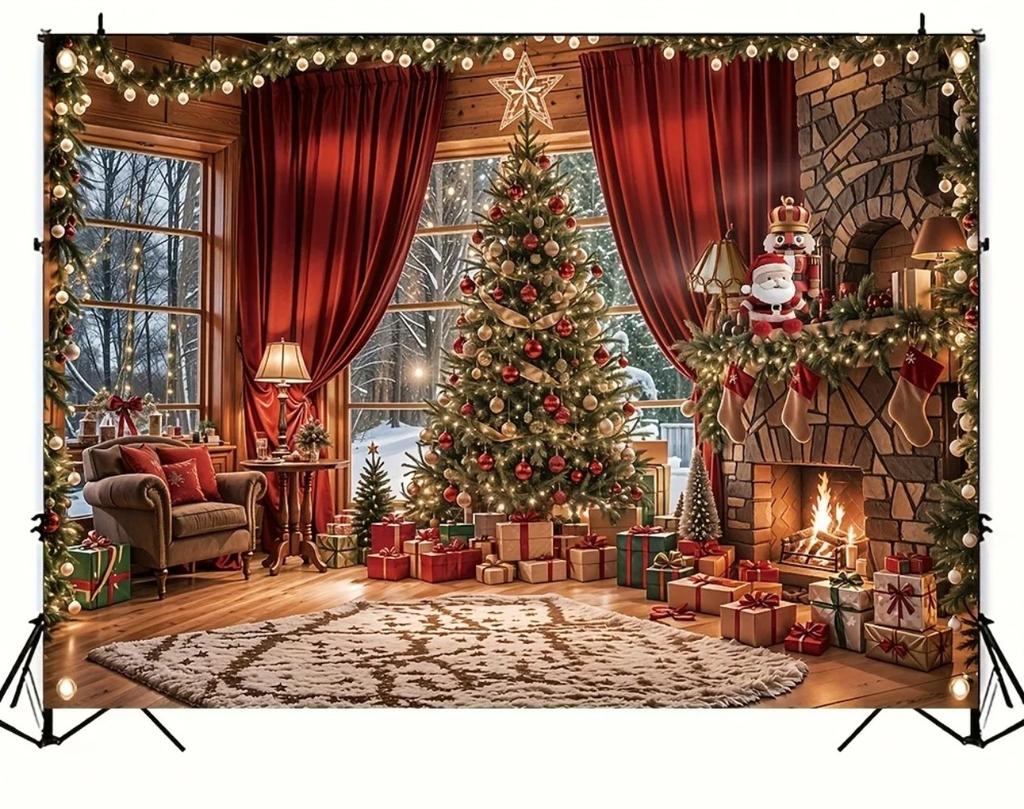 Winter Fireplace Christmas Tree Themed Banner Decoration Background Birthday Party Home Decoration Photography Backdrop Cloth