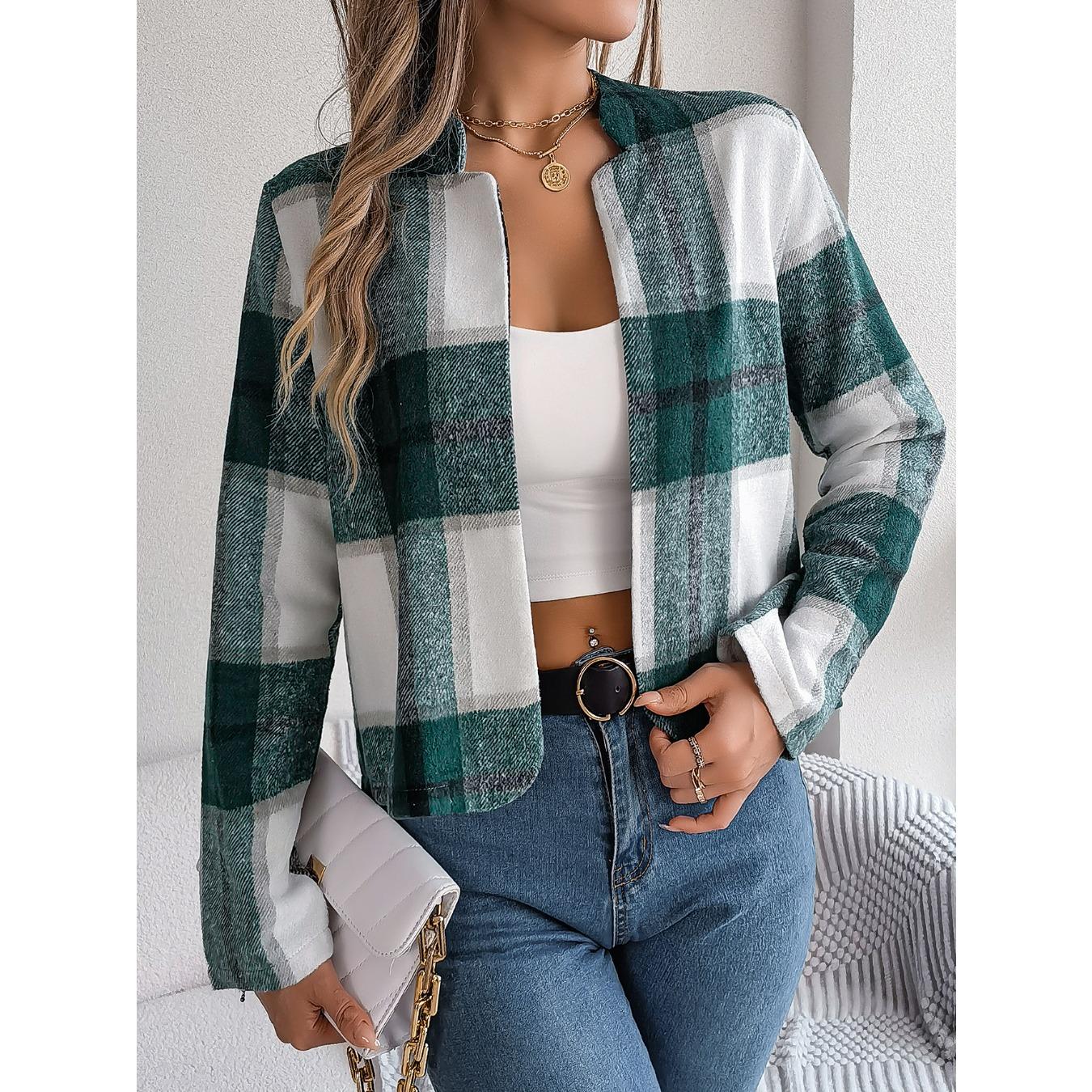 

GMXIA Autumn and Winter Casual Plaid Long-sleeved Woolen Jacket Women s Wear XL зелёный