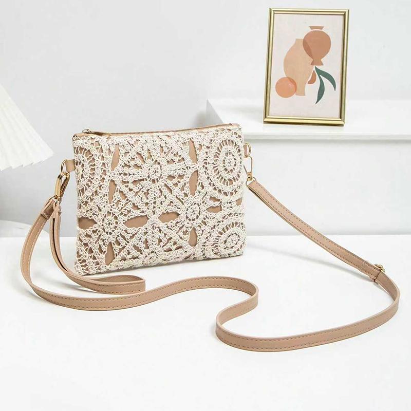 Yogodlns Korean Versatile Crossbody Crochet Bag, New Straw Woven Bag, Zipper Closure, Retro Casual Beach Flower Women's Bags