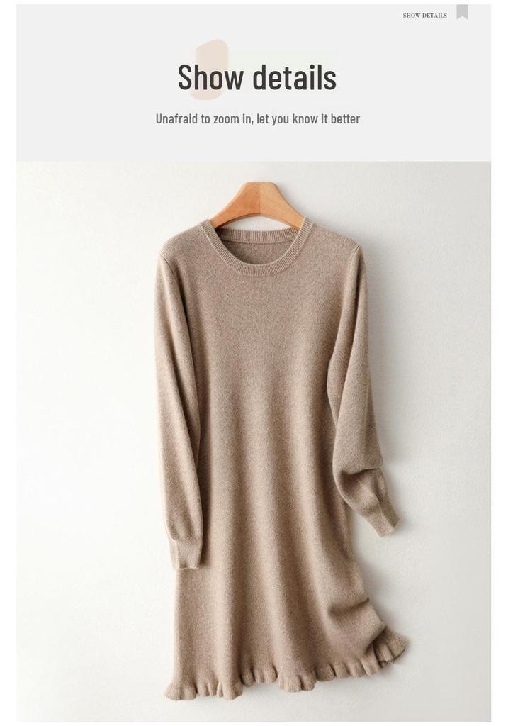 Women's Pure Wool Ruffle Knit Dress - Mid-Length, Long Sleeve, Loose Fit
