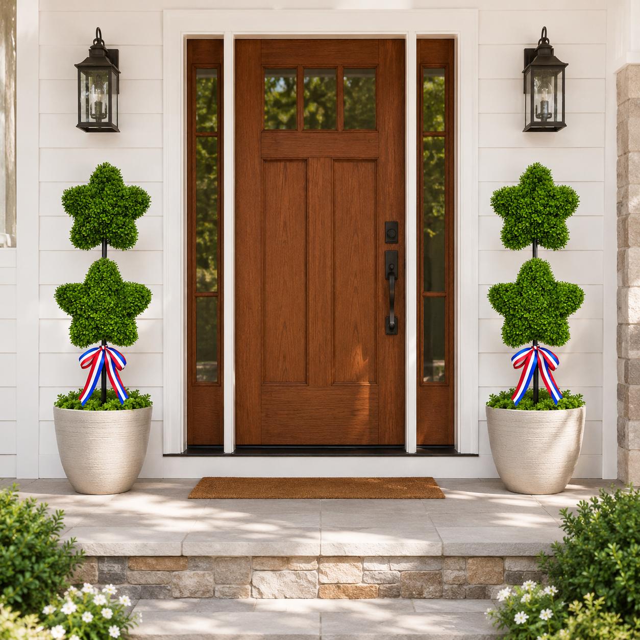 80cm Double Star Topiary Garden Decoration with Ground Stake Outdoor Artificial Plant Ornament for Yard Patio Lawn Landscape One Size
