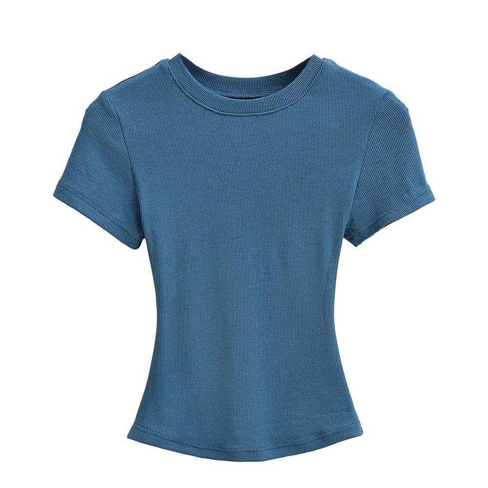 Trendy Women's Ribbed Slim Fit Short Sleeve T-Shirt with Sexy Round Neck and Straight Shoulders.