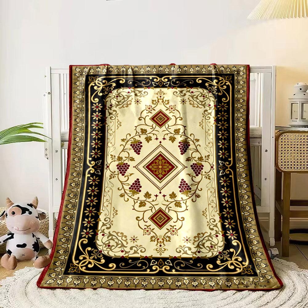 Symmetrical floral vines with grapes centered around red diamond shapes. for all seasons blanket lunch break throw gift 80cm x 120cm