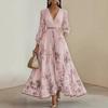 Women Long Sleeve Floral Print Vacation Maxi Dress Deep V‑Neck Lantern Sleeve Pleated Elegant Midi Dress